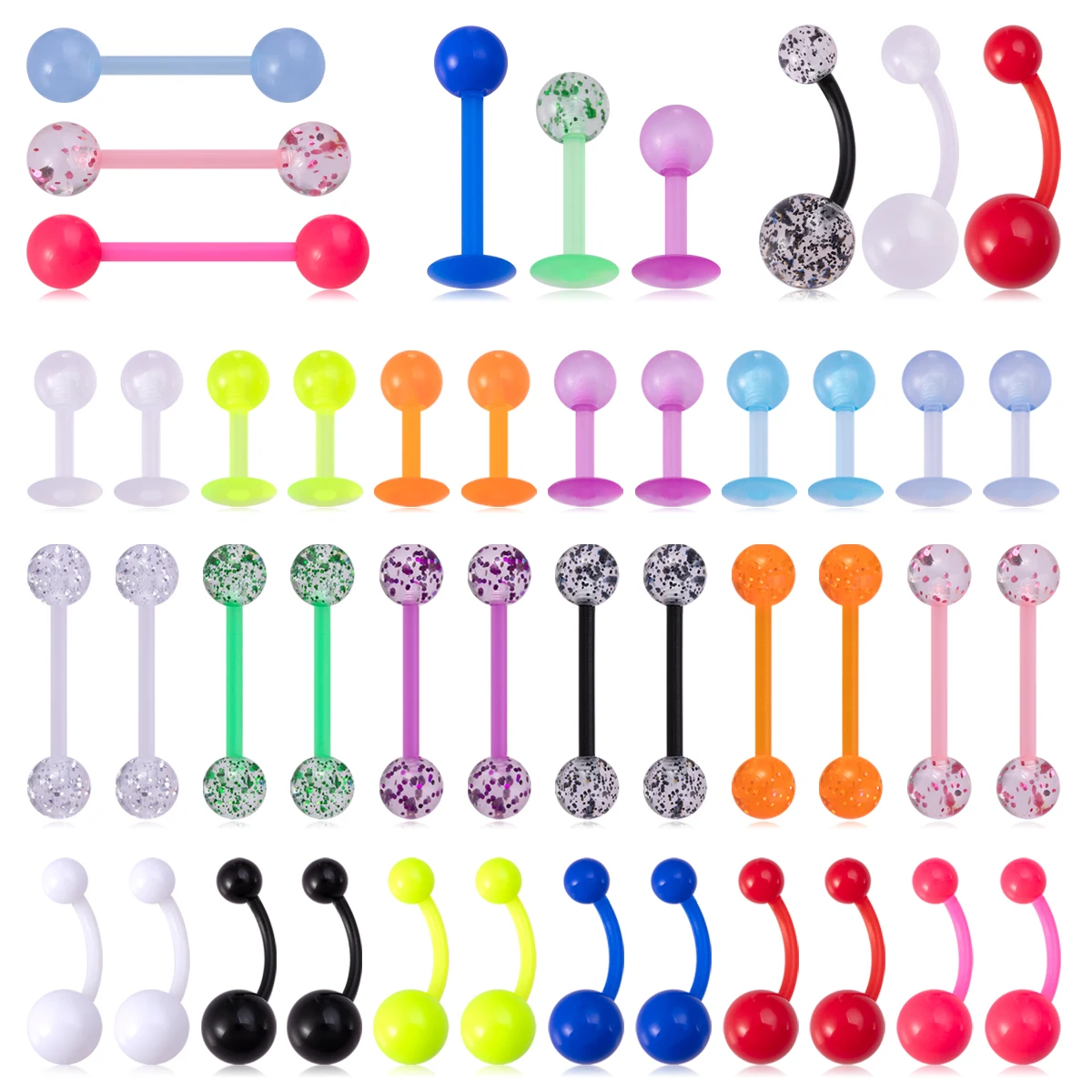 36PCS Flexible Acrylic Piercing Set Tongue Rings Barbell Labret Lip Studs Belly Button Rings 14G 16G Mixed Color Body Jewelry
