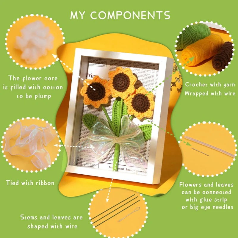 1Set Crochet Kits For Beginners With Step-By-Step Video Tutorials Sunflower Bouquet Photo Frame Kits Complete Crochet Kit