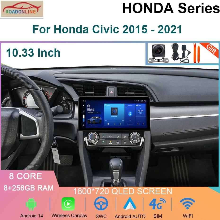 Andriod 14 Car Stereo Radio For Honda Civic 2015 - 2021 Multimedia Player Wireless Carplay Android auto WiFi DSP