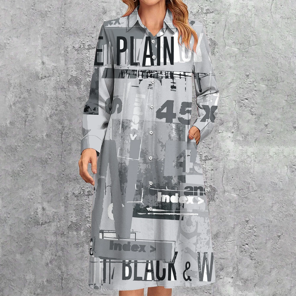 Personalized Design Newspaper Print Shirt Dress 2024 Women\'s Lapel Button Down Dress Casual Loose Streetwear Mid-Length Dresses