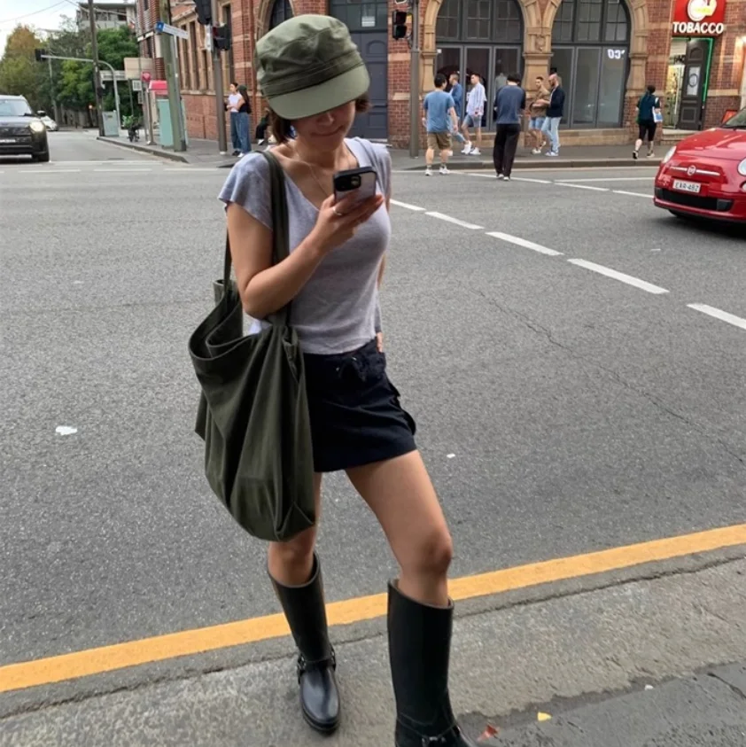 

TheBarnet Spring Summer 2025 Outdoor Workwear Sle Pure Color Casual Retro Denim Skirt Korean A-Line Mid-Waist ort Skirt