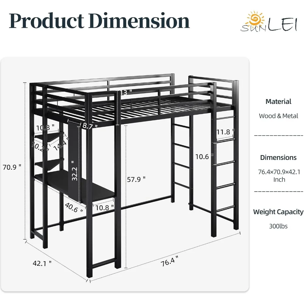 Loft Bed with Desk, Metal Loft Bed Twin Size with 2 Built-in Ladders, with Safety Guard, Space-Saving Bed Frame, Noise Free