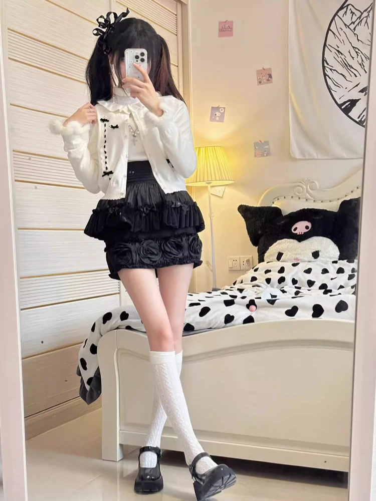 Sweet Knitted Cardigans Women Pearl Button Lace Ribbon Bow Decoration Lolita Cardigan for Girls Kawaii Clothes