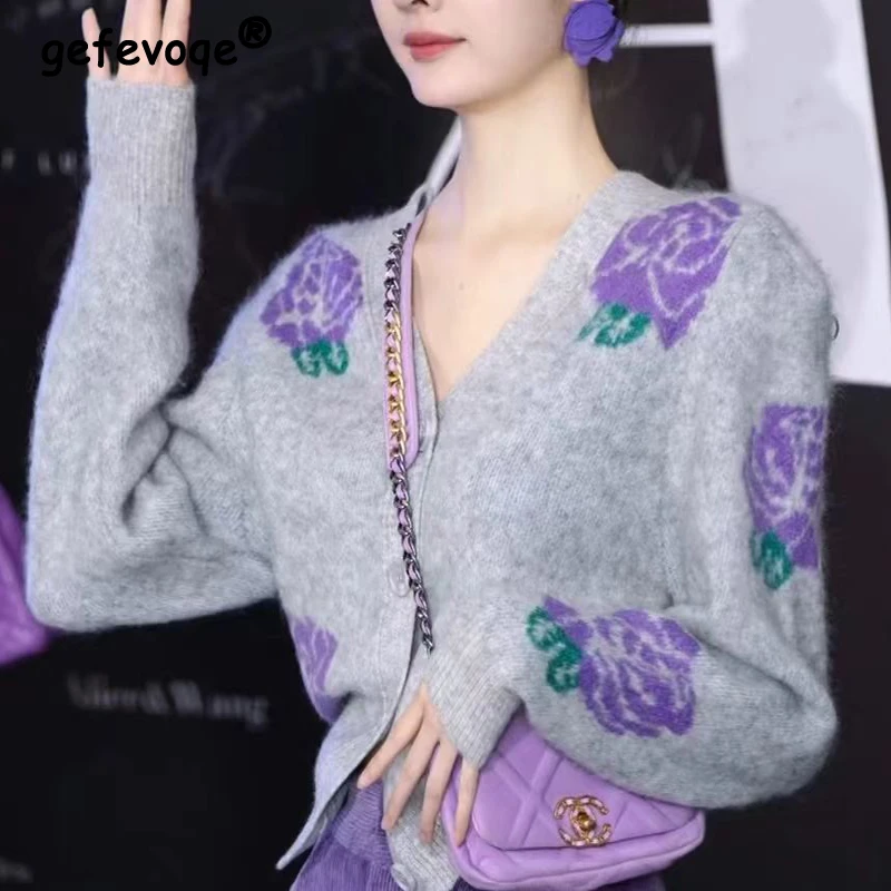 Women Trendy Vintage Flower Jacquard Chic Single Breasted Knitted Cardigan 2024Spring Autumn V Neck Long Sleeve Y2K Sweater Coat