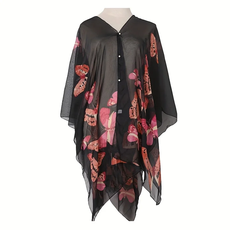 2024 Shawls Summer Beach Sexy Women Fashion Print Chiffon Smock Bikini Cover Up Loose Blouse Sunscreen Comfortable Poncho Hot