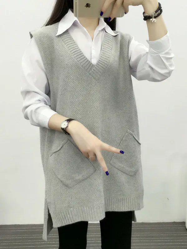 

Loose Knitted Sweater Vest Women's Spring Autumn Winter Svel Mid-Length Outerwear Large Size Yarn V-Ne Pure Color