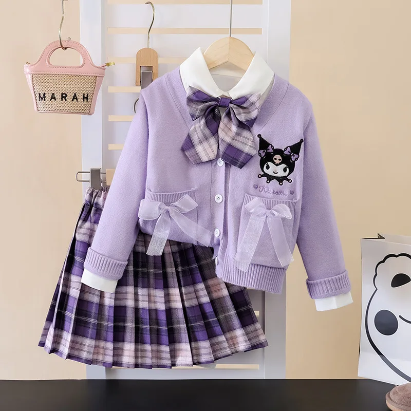 Kuromi بلدي ميلودي 3 قطعة الفتيات Jk منقوشة تنورة مجموعة أنيمي سانريو Y2K سترة مطوي تنورة الاطفال ربيع الخريف كلية نمط مجموعة