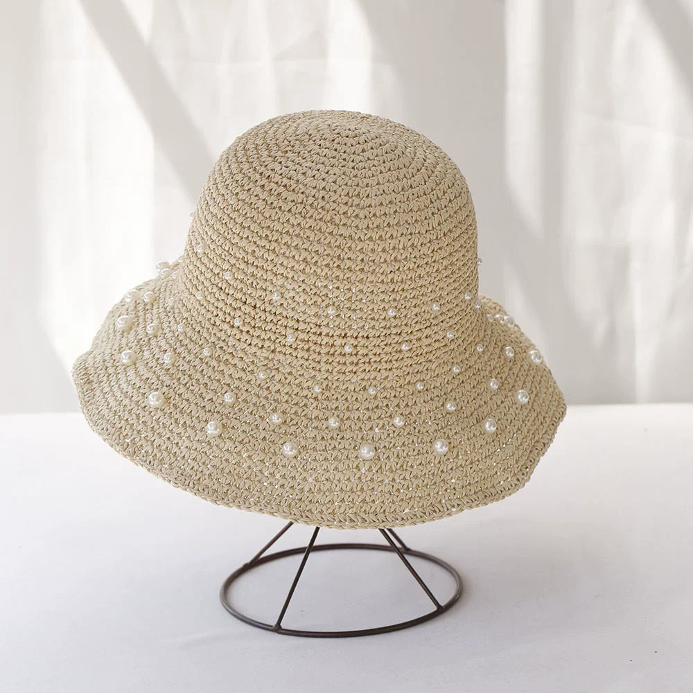 High-quality Dense Straw Hat Korean All-Match Pearl Handmade Sun Protection Fisherman Hat Travel Beach Sun hats
