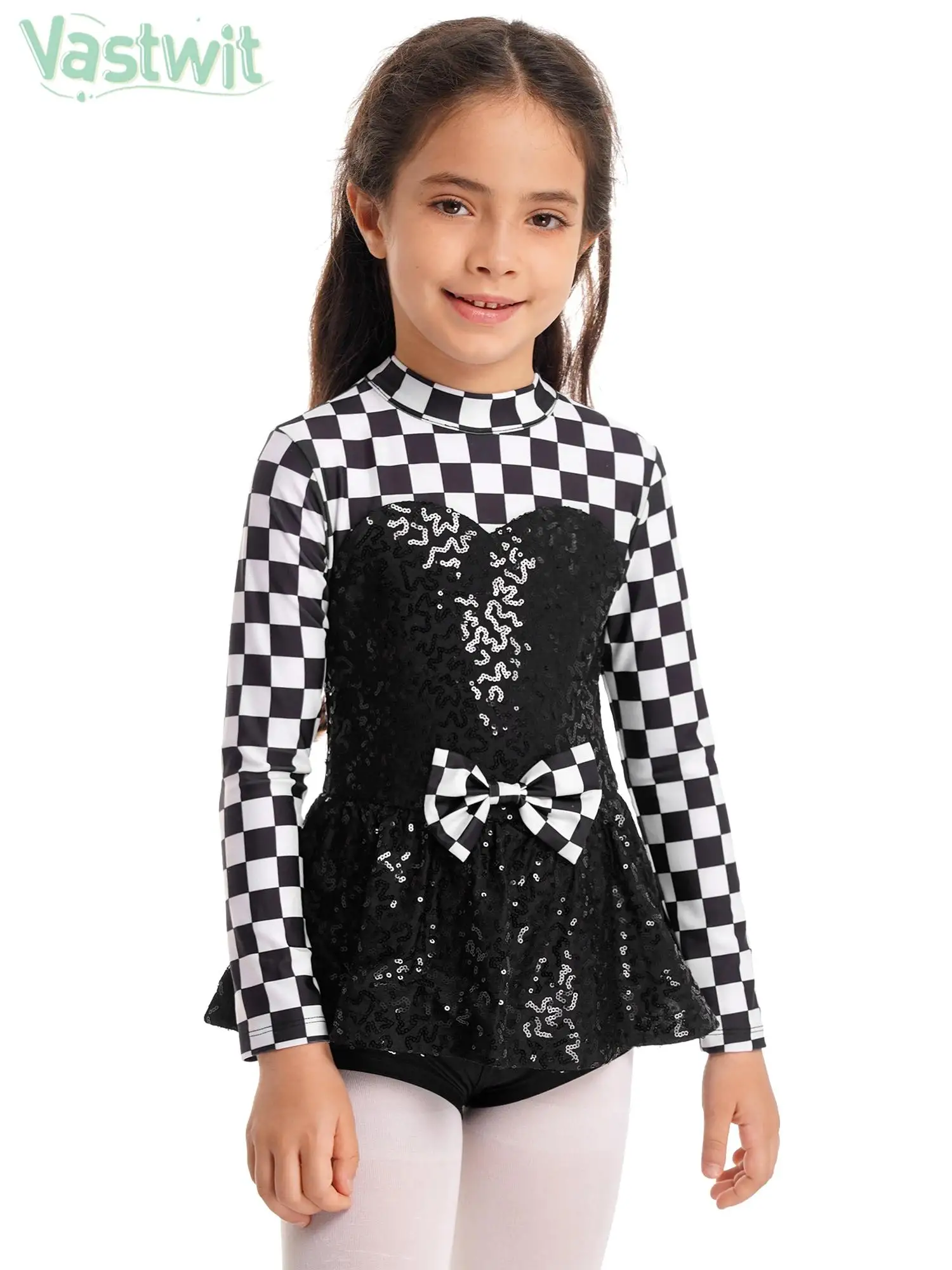 

Girls Racer Driver Cosplay Costume Long Sleeve Sequin Checkerboard Print Bodysuit for Halloween Carnival Theme Party Dress Up