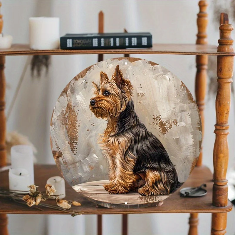 Round Aluminum Metal Sign Wall Decor, Sitting on Wooden Plaque, Waterproof, Weather Resistant, Easy Hanging, Yorkshire Terrier