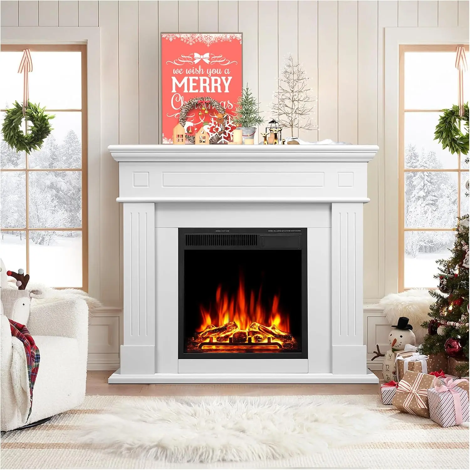 

44" Electric Fireplace with Mantel Package Freestanding Fireplace Heater Corner Firebox with Log & Remote Control,750-1500W,Pear