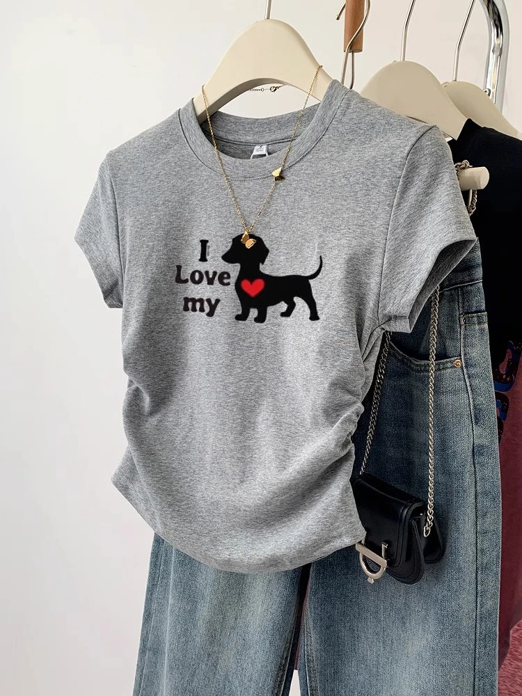 Camiseta de manga corta con cuello redondo para mujer, novedad de verano, camisetas ajustadas para chica picante, camiseta informal versátil de Color sólido