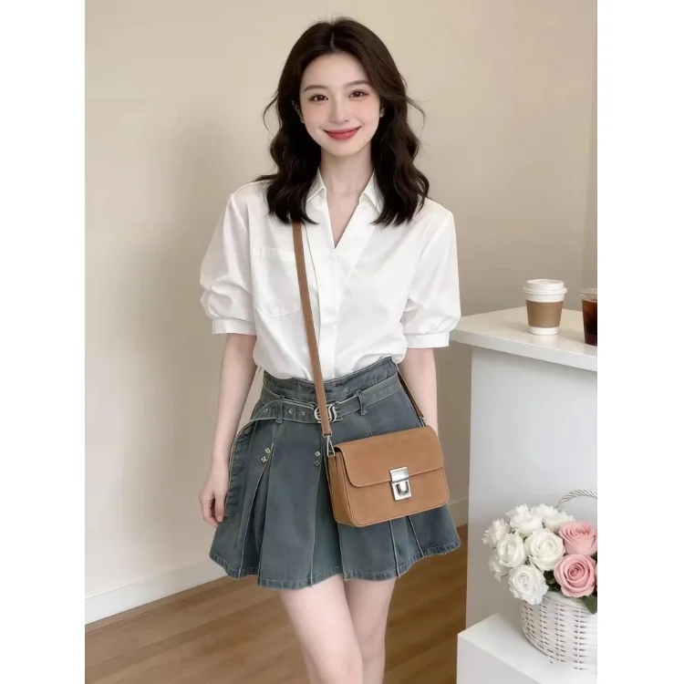 

Summer Fashion Set Women's V-neck Bubble Sleeve White Shirt Denim Pleated Skirt Two-piece Set Age-reducing Elegant Chic Style