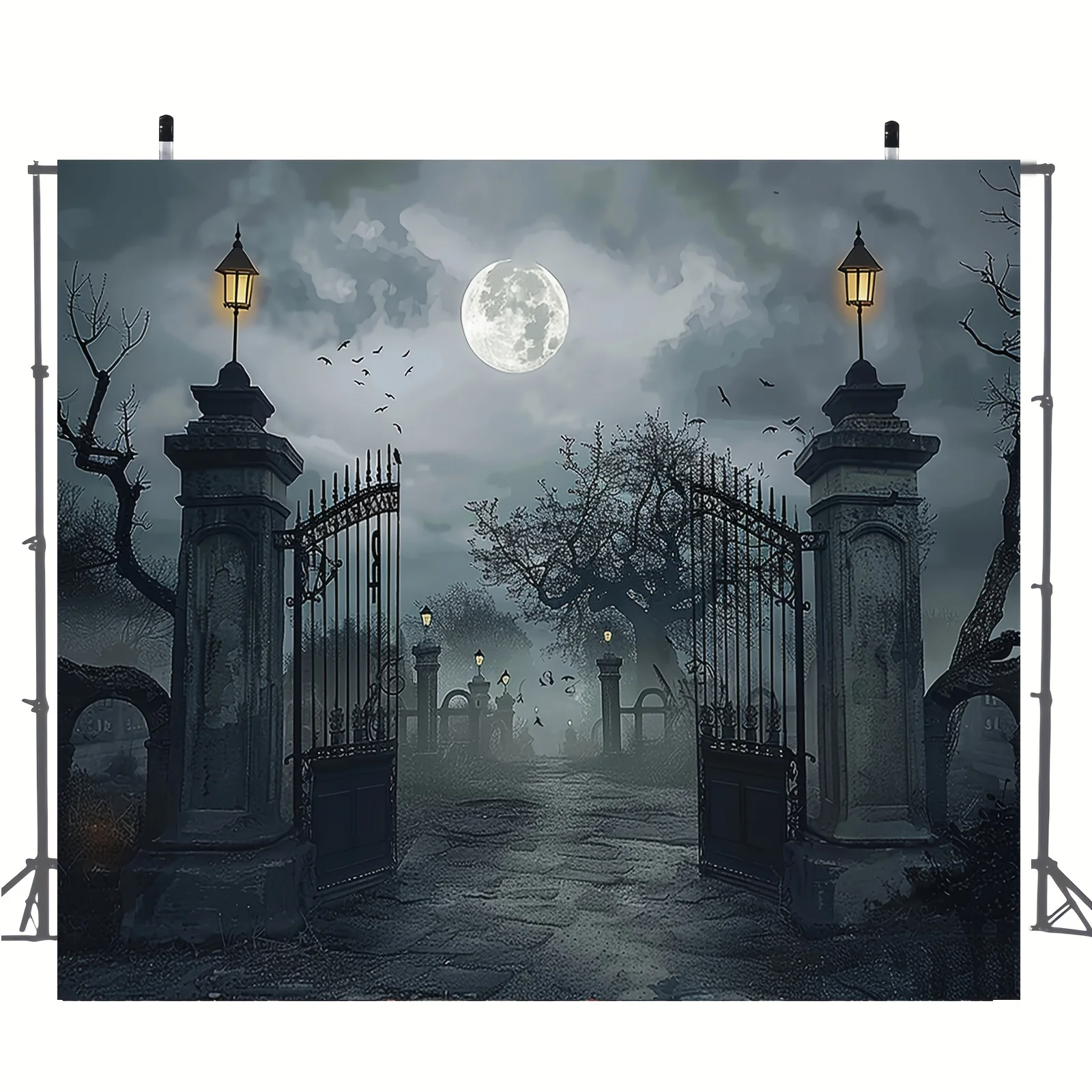 Halloween Background Banner - Ghost Cemetery with Full Moon and Bare Trees