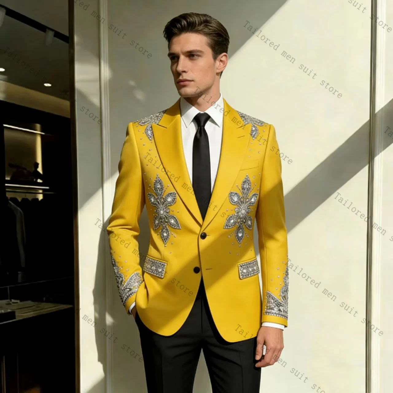

Yellow Men Suits Pants Set 2 Pcs Crystals Blazer+Black Trousers Groom Wedding Tuxedos Jacket Formal Office Business Coat Outfit