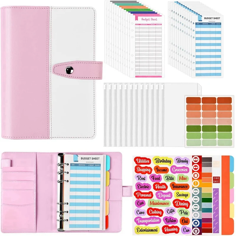 Budget Binder A6 PU Ringband Notitieboekje met doorzichtige geldenveloppen, Geldorganisator Geldbesparende portefeuilles voor op reis