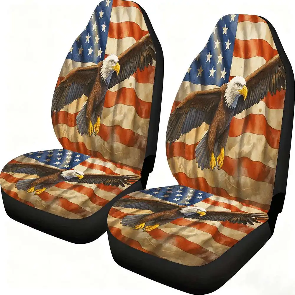 

2pcs American Bald Eagle & US Flag Car Seat Covers - High-Back Design, Durable Polyester, Fit For Cars, SUVs, Trucks, Women'S Ac