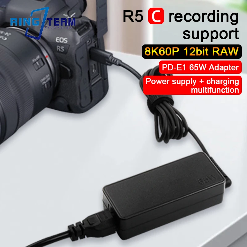 65W PD TYPE-C USB-C AC Power Adapter PD-E1 for Canon EOS R6 R5 R5C RP G5 X Mark II G7 X Mark III for Ricoh GR IIIx Cameras