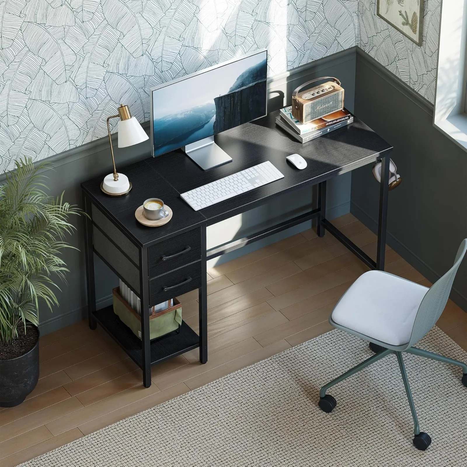 US Computer Desk with 2 Drawers, 55 Inch Small Home Office Desk Study Writing Table, Black