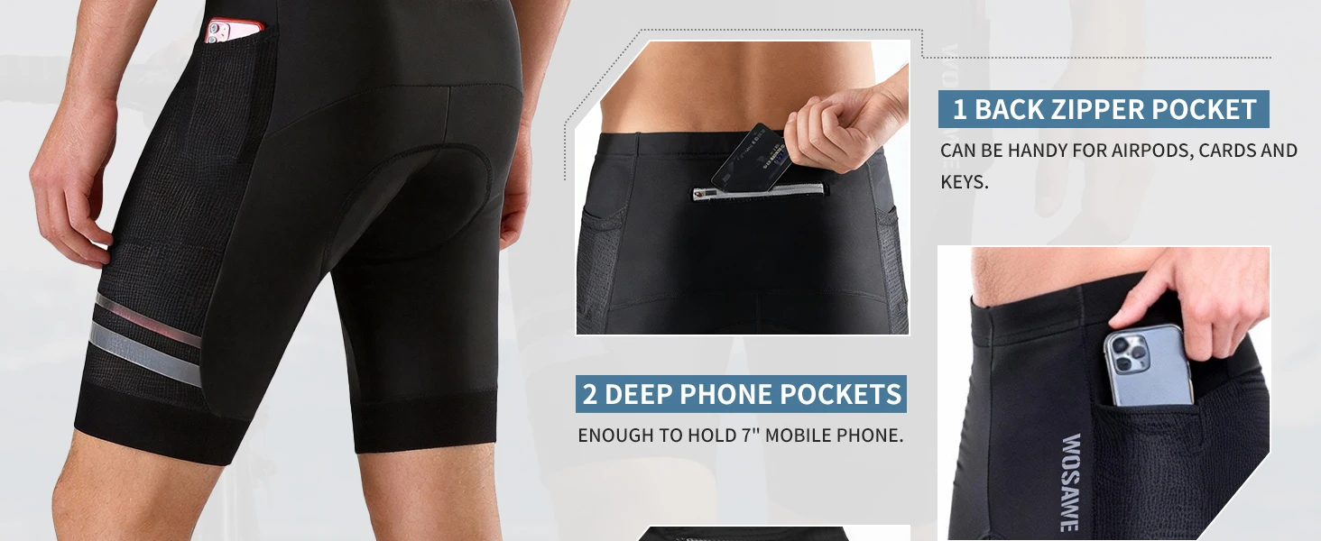 WOSAWE Herren Sommer-Radlerhose mit 3D-Polsterung, atmungsaktive Fahrradhose mit Handytasche, reflektierend, rutschfest, für MTB und Straßenfahrten – Detail 2