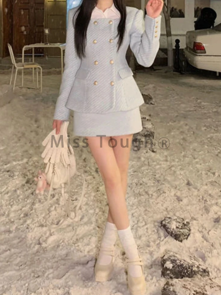 Winter French Fashion Y2k Style 2 Piece Set Aesthetic Striple Tops + Short Slim Skirt New Casual Women Party Suit Autumn 2024