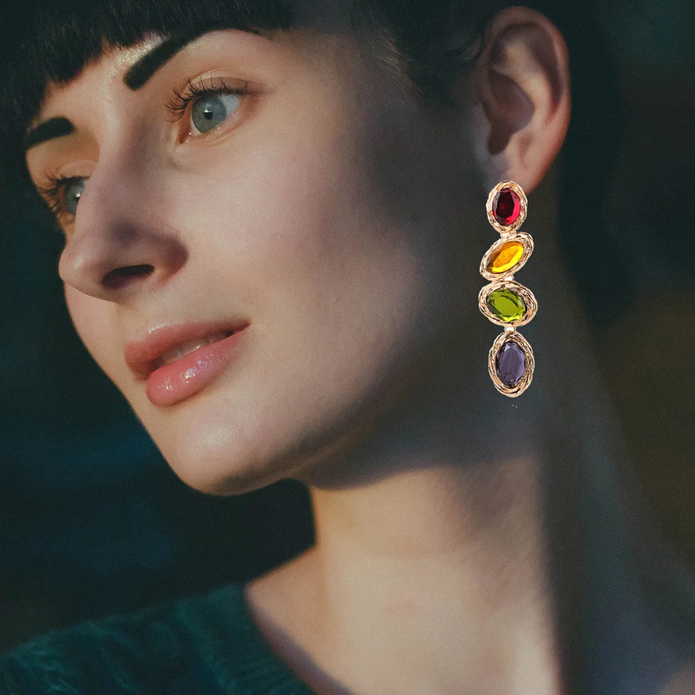 

Retro Gem Earrings Colorful Shining Rhinestone Alloy Durable Safe Add Special Gift Friends Eardrop Colorful