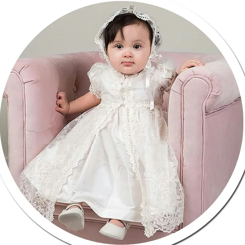 Baby Girl Dress Toddler White Princess Dress Pleated Lace Dresses+hat Baby Cake Sash Outfit Newborn Photoshoot Birthday Gown