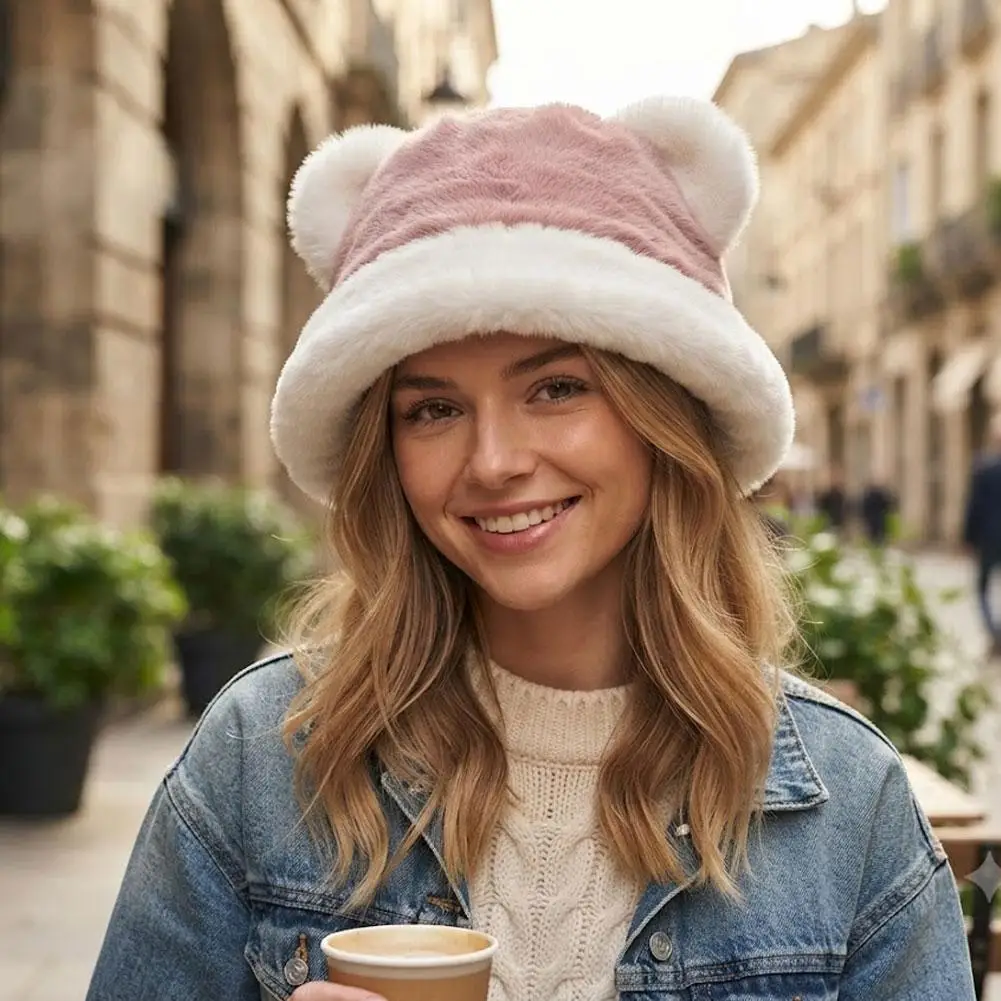 Winter Cute Bear Ears Bucket Hat Women Fluffy Faux Fur Leopard Panda Fisherman Cap Thick Warm Plush Velvet Panama Hat