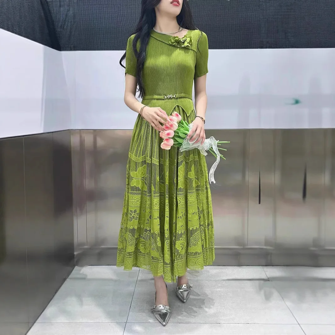 

Miyake Pleated Dress for Women 2025 New Style Spliced ​​mesh Short-sleeved Oblique Collar Casual Loose Women's Pleated Skirt