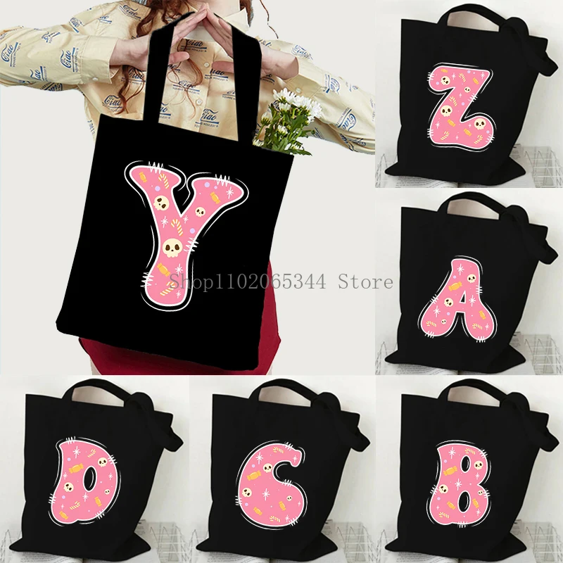 1Pcs Women's Cute Anime Letter Tote Bag Canvas Funny Candy Print Pink Alphabet Large Capacity Commuter Bag Practical Y2K Handbag