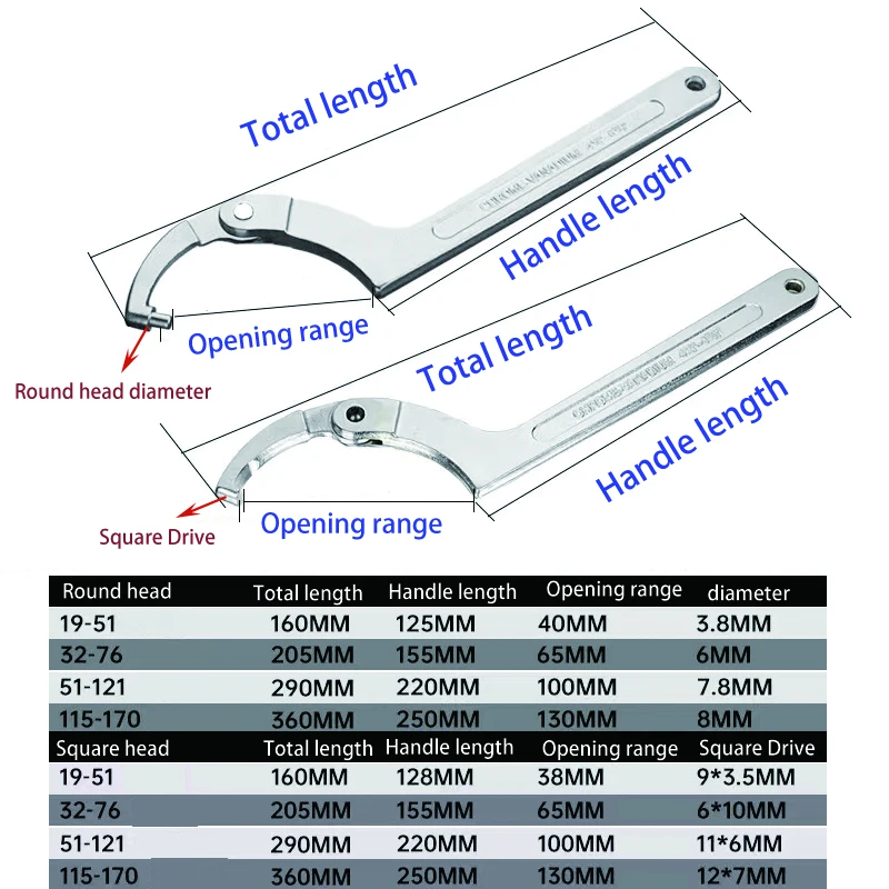 Adjustable Wrench Hook Spanner Square/Round Head CR-V Spanner For Round Bolt  Maintenance Dismantling Tools 19-51/32-76/51-120mm