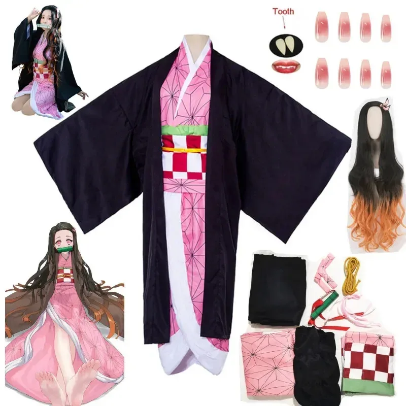 Kamado nezuko cosplay traje anime quimono kimetsu não yaiba kamado nezuko traje peruca uniforme hallween feminino crianças