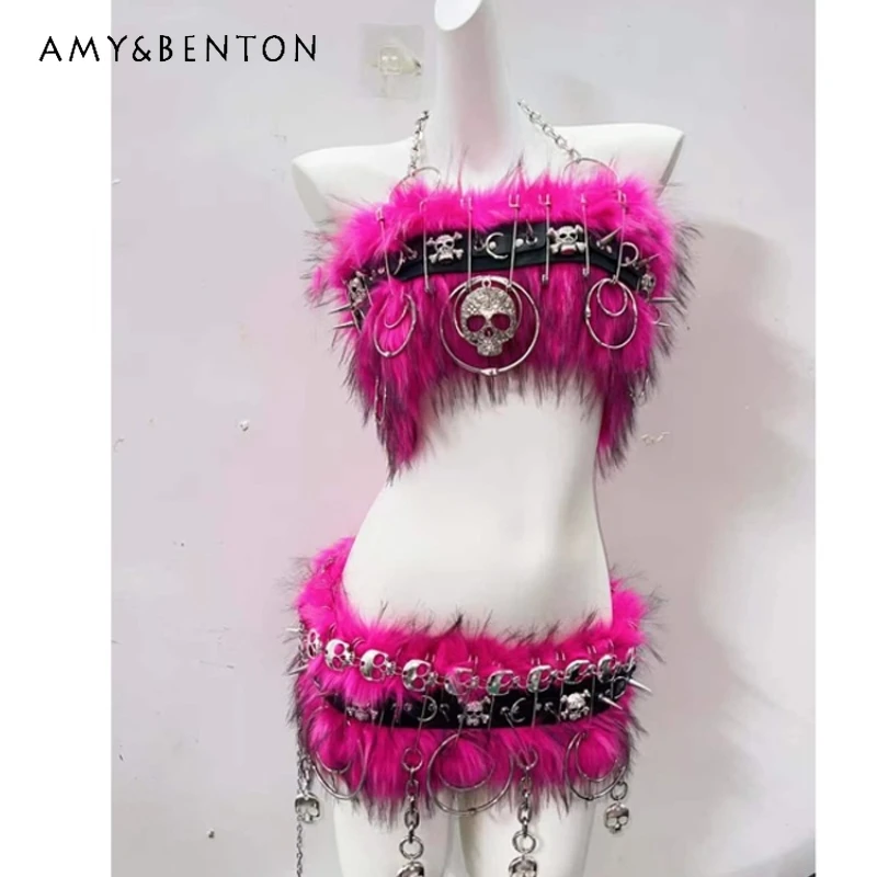 

Original Pink Punk Collar Halter Women's Vest Goth 2025 Summer Fluffy Rivet Accessories Sweet Cool Sexy Mini Skirt Suit Ladies