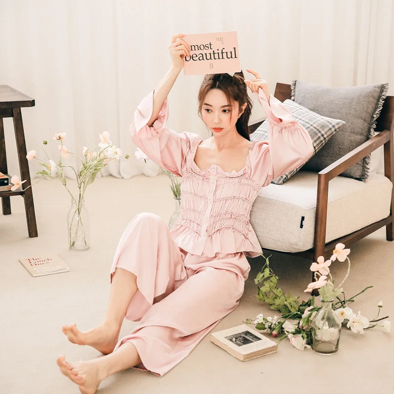 

Spring New 2pieces Pyjamas Set Women Sleepwear Home Suits 2023 French Court Style Girls Satin Sleepwearlong Sleeve Pajamas