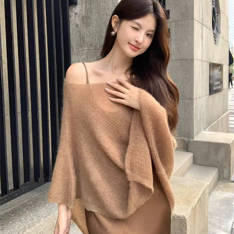 2026 New Loose Fit Knitwaer Off Shoulder Cape Blouse Solid Color Knitted Blouses Sheer Knit Poncho Top Elegant Layering Cover Up