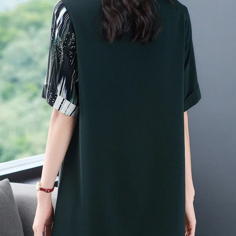 2024 New Fashion Summer Printed Spliced Drawstring Women\'s Round Neck Fashion Short Sleeve Loose Commute Midi Chiffon Shirt Tops