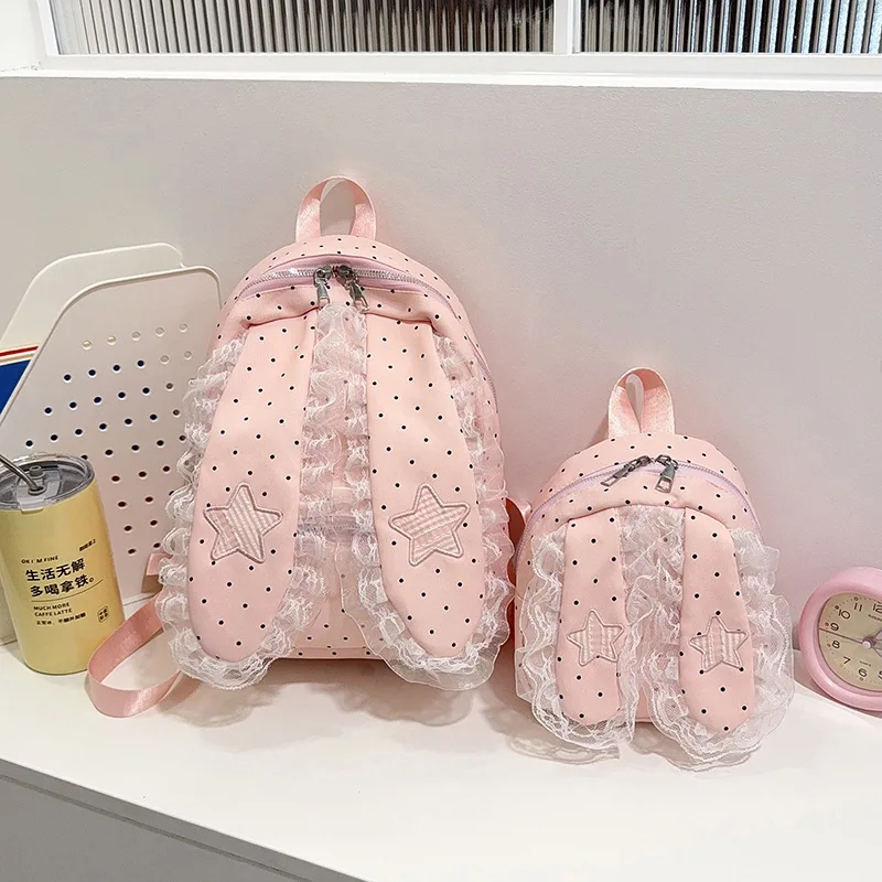 Cute Polka‑dot  Bunny  Ear Backpack for Women Lace Star Embroidery Dual‑strap Parent-child Mini Shoulder Bag Commuter Handbag