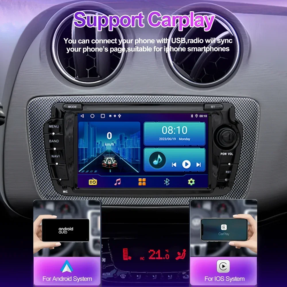 2 DIN Car Radio Screen for Seat Ibiza 6j 2009-2013 with Wireless CarPlay Android Auto GPS Navigation 4G WiFi FM RDS Multimedia view 5