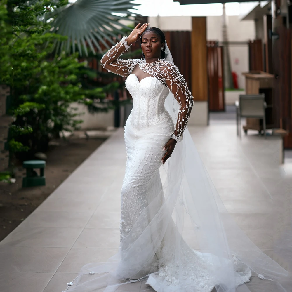 

Luxury Wedding Dresses For African Women O-Neck Illusion Full Sleeve Beaded Mermaid Applique O-Neck Vestido De Noival Customized