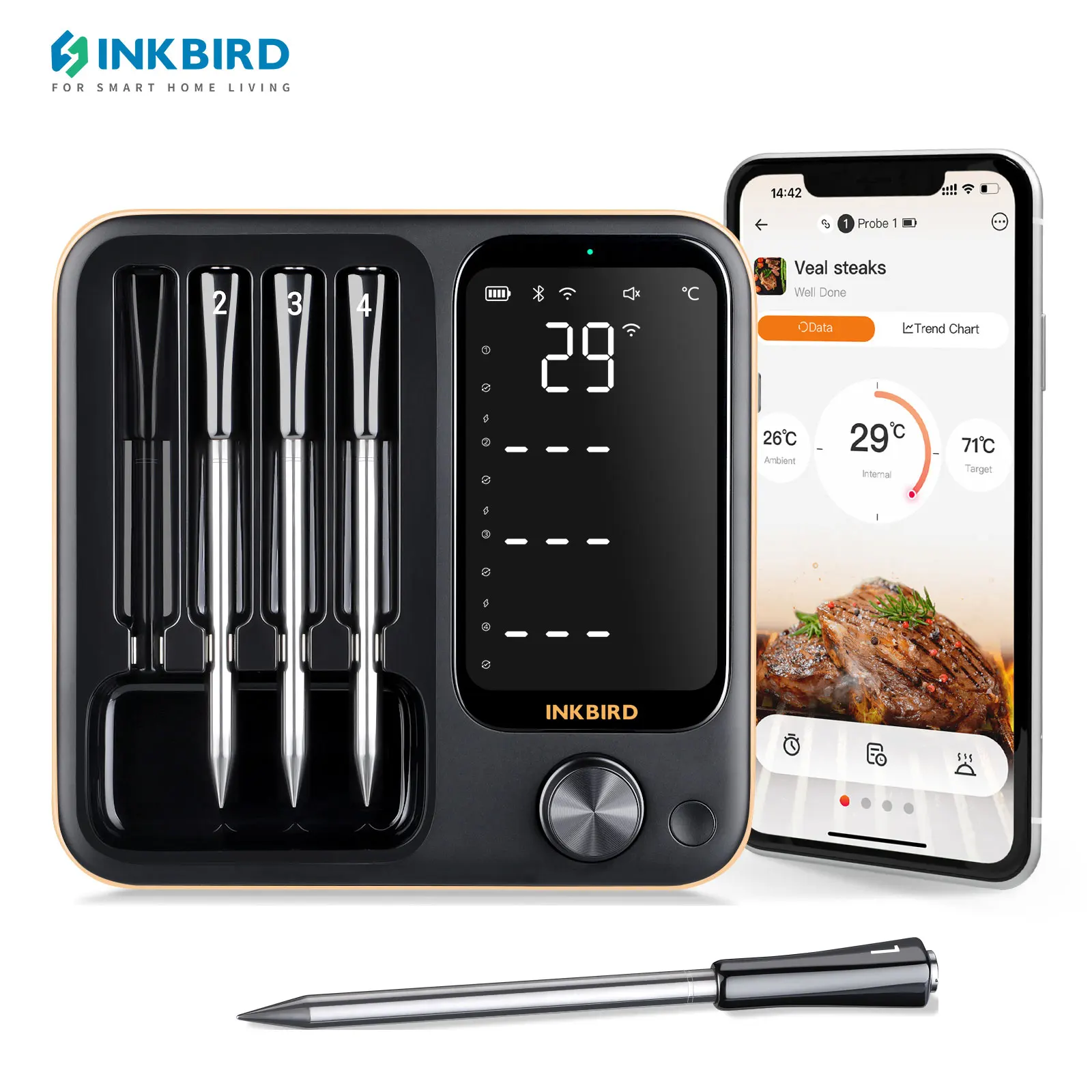 inkbird termometro de carne para alimentos com sondas recarregavel inteligente sem fio wi fi bluetooth local churrasco modos 01