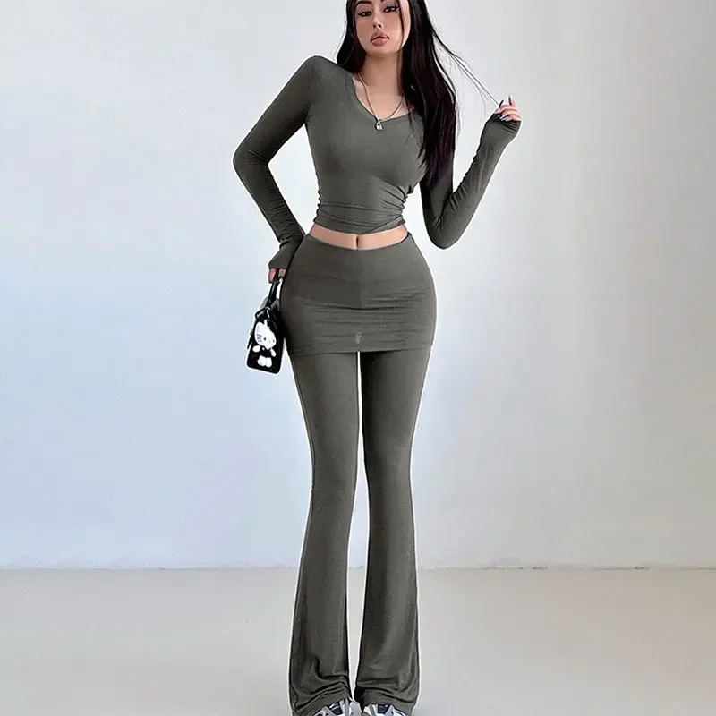 

GELITAYIN Autumn Women Long Sleeves V-Neck T-shirt Trousers 2 Piece Casual Slim New Fashion Streetwear Elegant Lady Knitted Clot