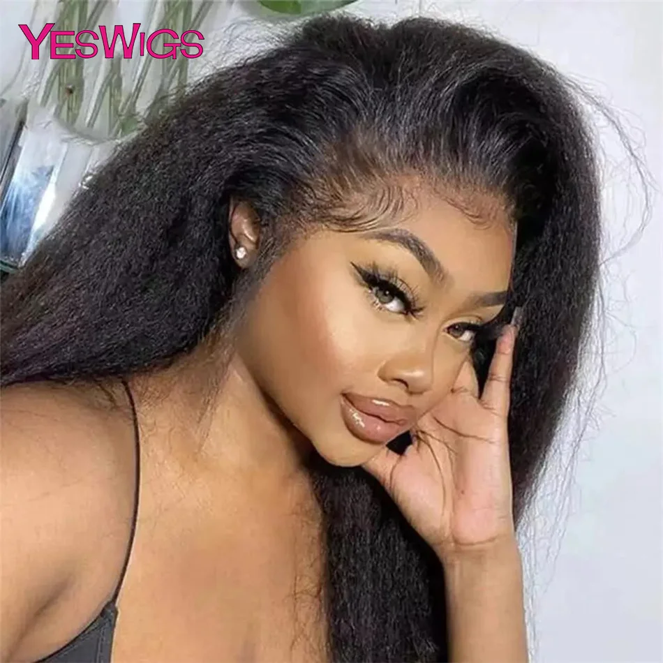 Kinky Straight 13x4 HD Lace Front Wig Glueless Yaki Straight Lace Frontal Wig 100% Human Hair 4C Edges Wig Curly Human Hair Wigs