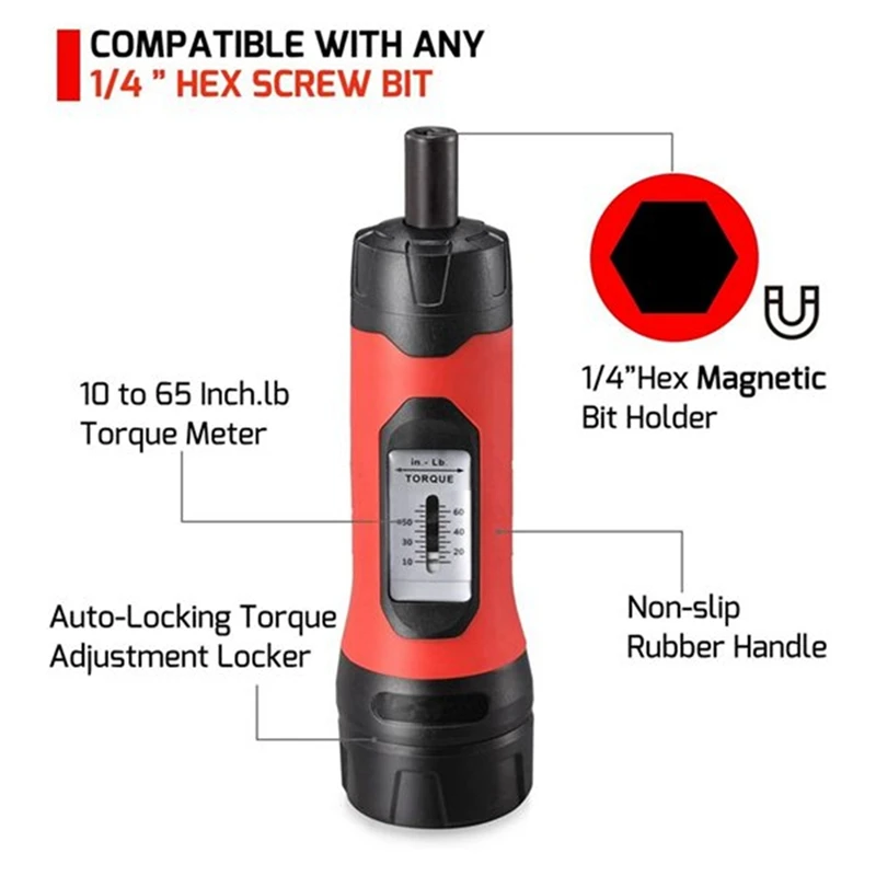 Accurate Torque Wrench Screwdriver 1/4 Inch Drive Ergonomic Grip Adjustable Range 10 65In Lb (80),Bicycle Repair Tools