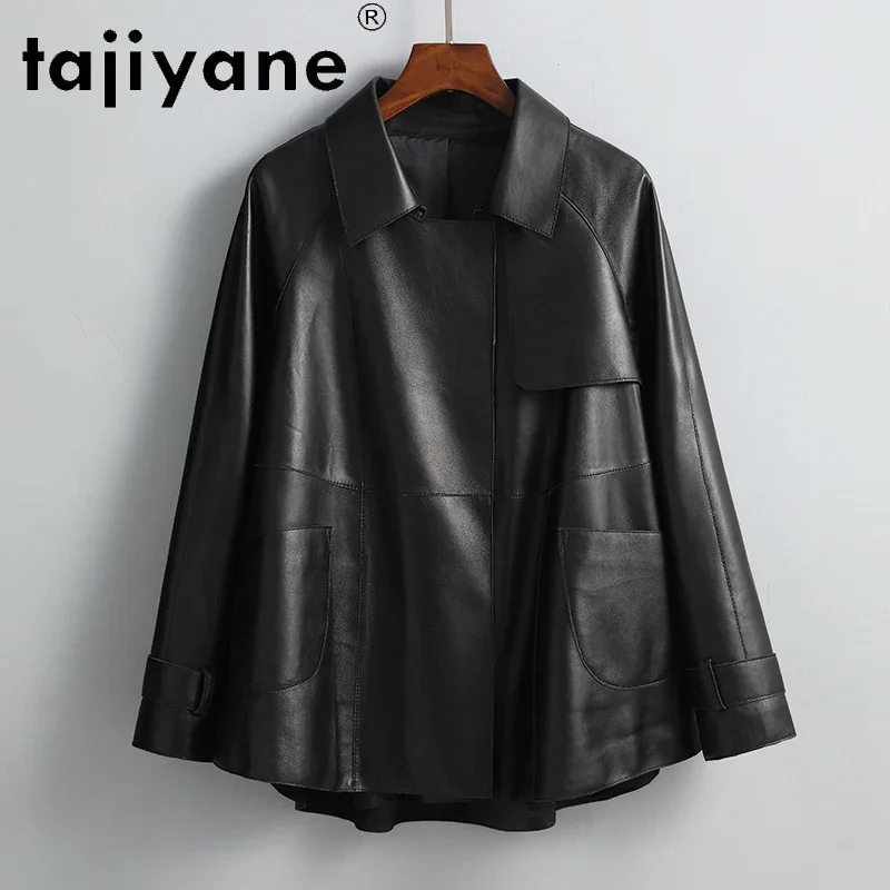 Tajiyane-Veste en cuir véritable pour femme, manteau en peau de mouton véritable, vêtements courts d'automne, vestes amples, manteaux décontractés, HCirc80, 2021