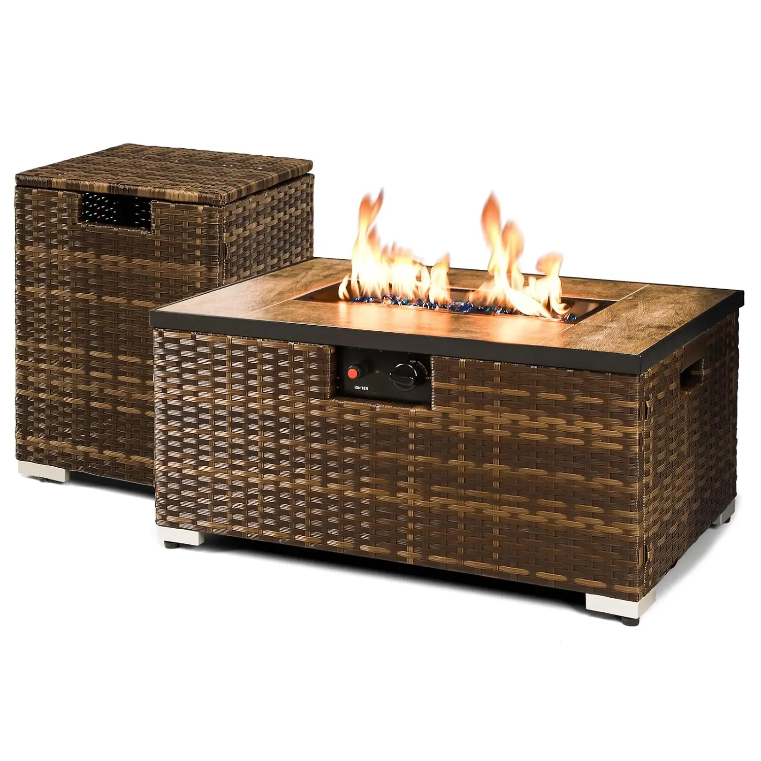 32'' Rattan Propane Fire Pit Table w/Tank Holder Rectangle, Customized