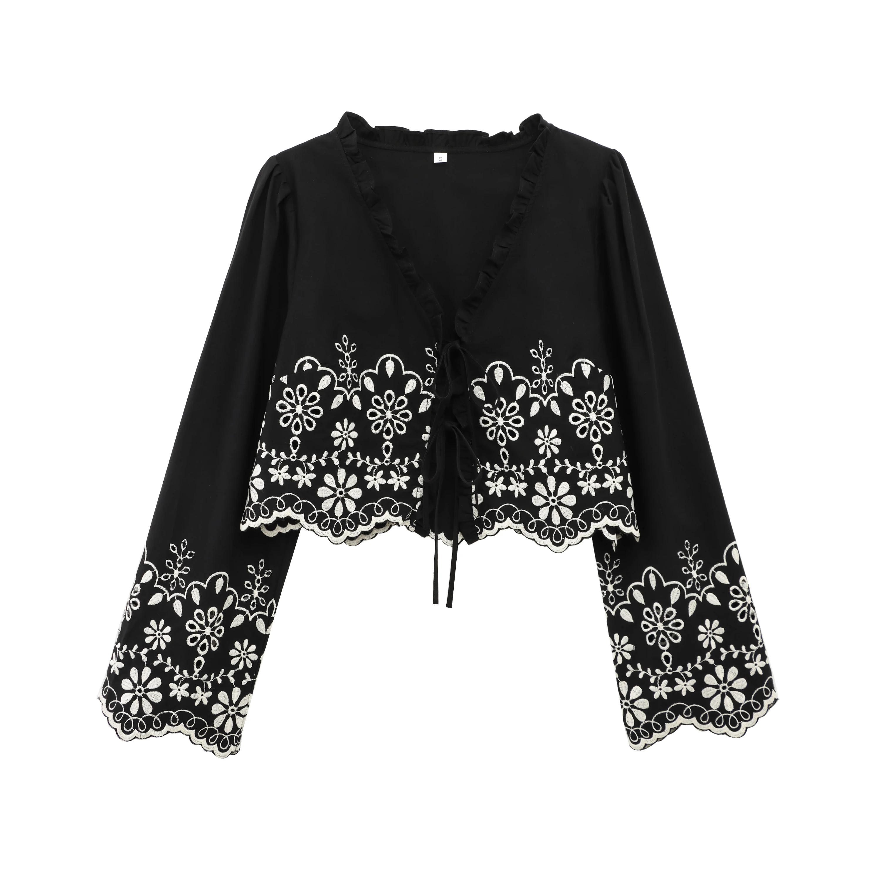 Bohemian Style Knitted Lace Hollow out Belted Cardigan Women's V-Neck Bell Sleeve Top Breathable Cotton Casual Fashion