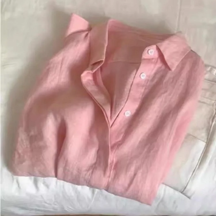 

Розовая хлопково-льняная женская летняя новая свободная рубашка с воротником, защита от солнца, дышащая, удобная, с длинными рукавами, однотонная, на пуговицах