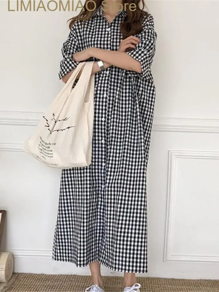 New Summer Women Cotton Linen Dress Fashion Plaid Dress Lapel Shirt Dress Women's Long Dress Loose Casual Dresses for Women