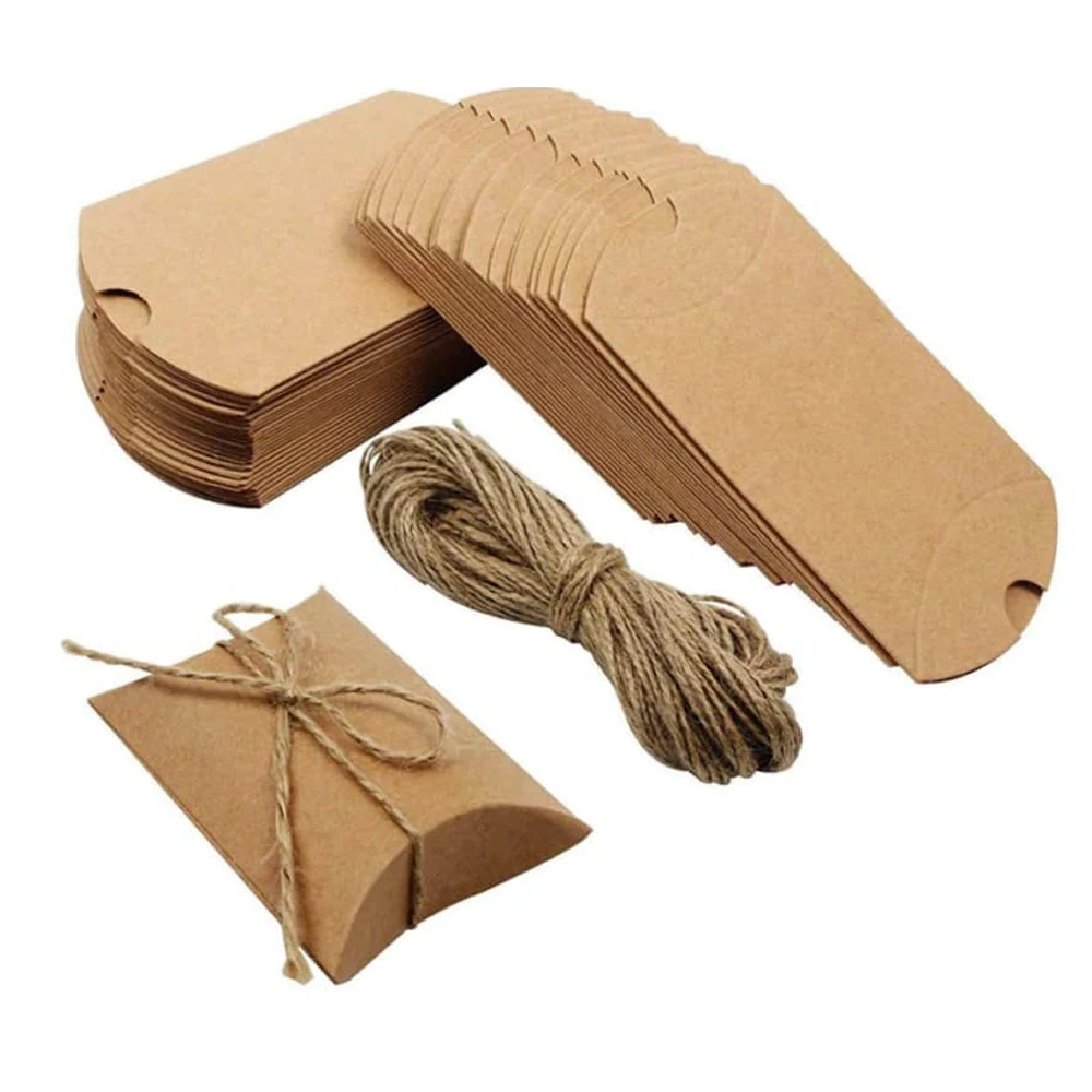 50Pcs/Lot Pillow Candy Box Hemp Rope Kraft Paper Gift Packaging Paper Box Candy Bag For Christmas Wedding Party Decoration