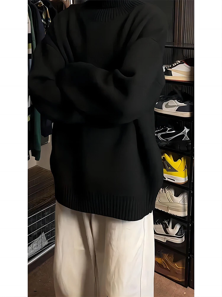 

Мужской трикотажный свитер с высоким воротником, на подкладке, свободного кроя, для осени и зимы, повседневный, из полиэфирного волокна, с длинными рукавами